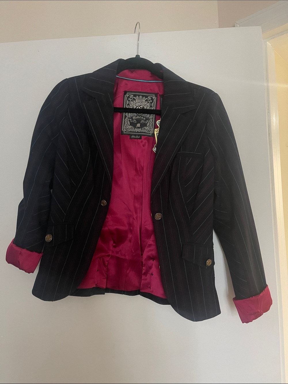 Juicy Couture Black Pinstripe Blazer with Fuchsia Lining
